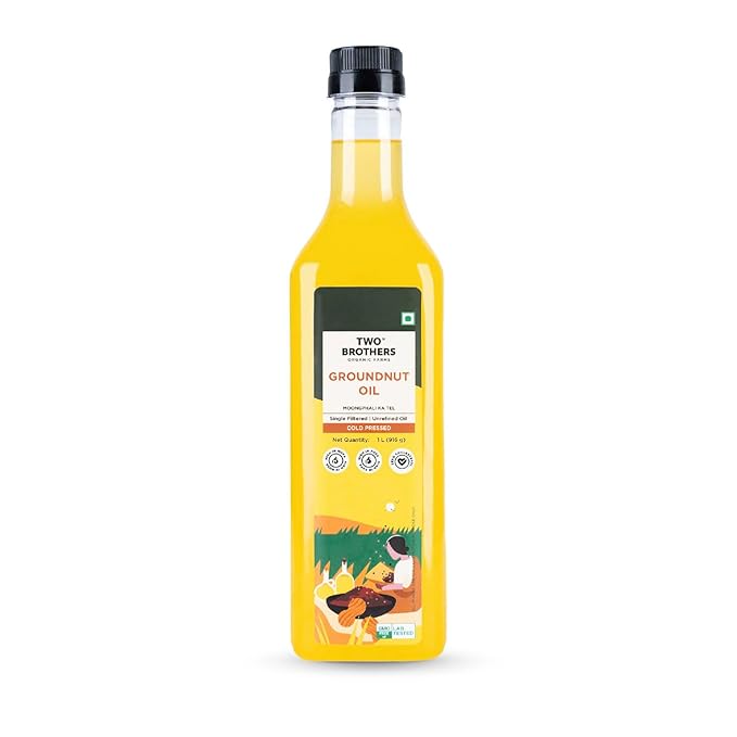 Two Brothers Organic Farms Groundnut Oil 1L | Cold Pressed Kacchi Ghani | Unrefined, Single-Filtered | Natural Shengdana Oil for Cooking & Frying | Rich Nutty Aroma | Mungfali Tel